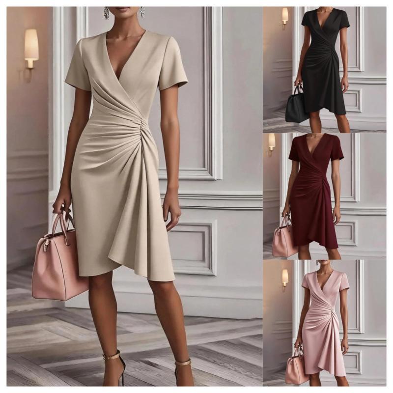 Women Fashion Cross V Neck Waisted Solid Short Sleeve Midi Dress