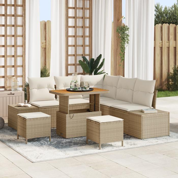 Ensemble de canapé de jardin vidaXL 8 pièces avec coussins beige en poly rotin acacia, Canapé de jardin 2 places vidaXL 3362786