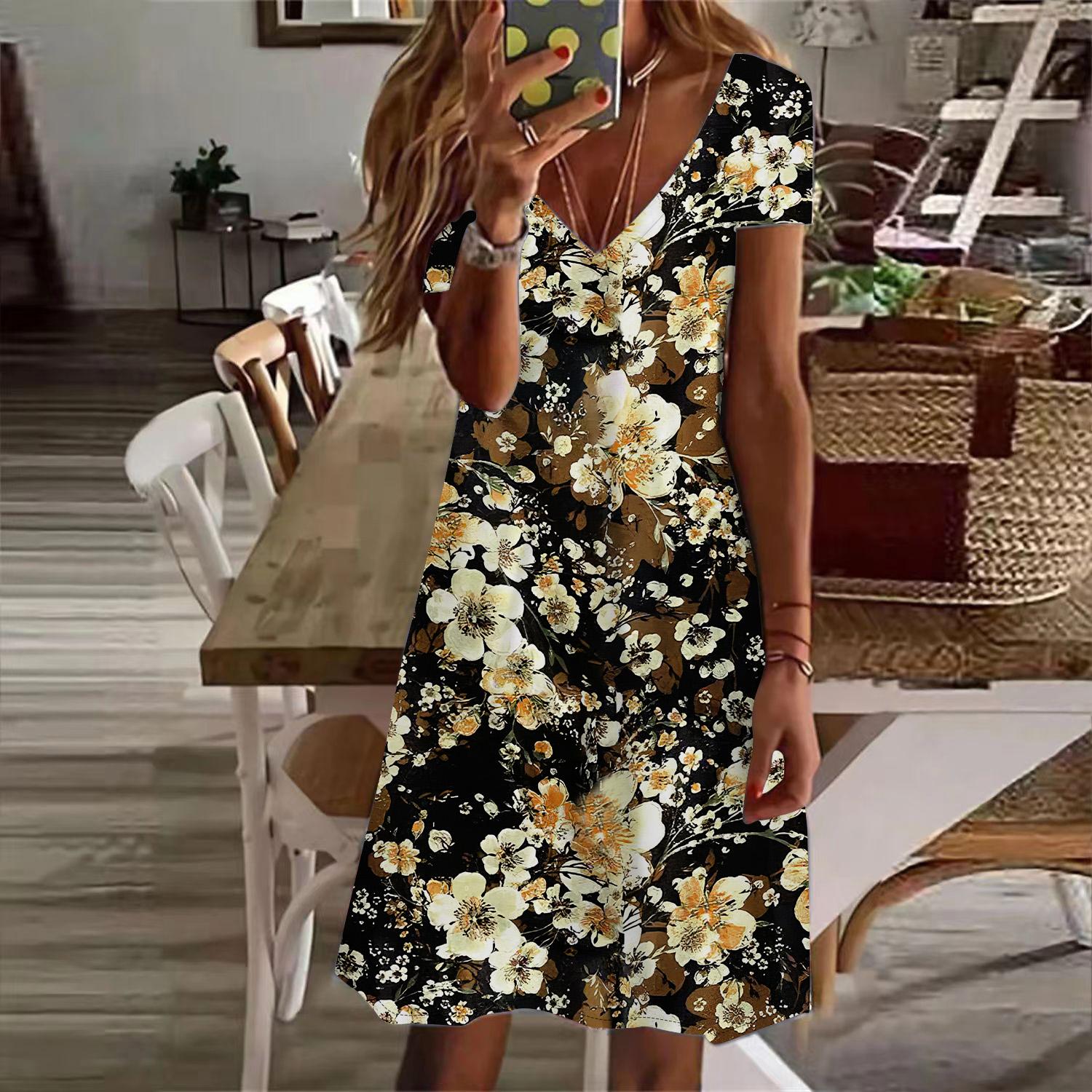 

Летняя мода женские V-образный вырез короткий рукав цветочный принт платье сексуальные короткие юбки платья 4XL золотой