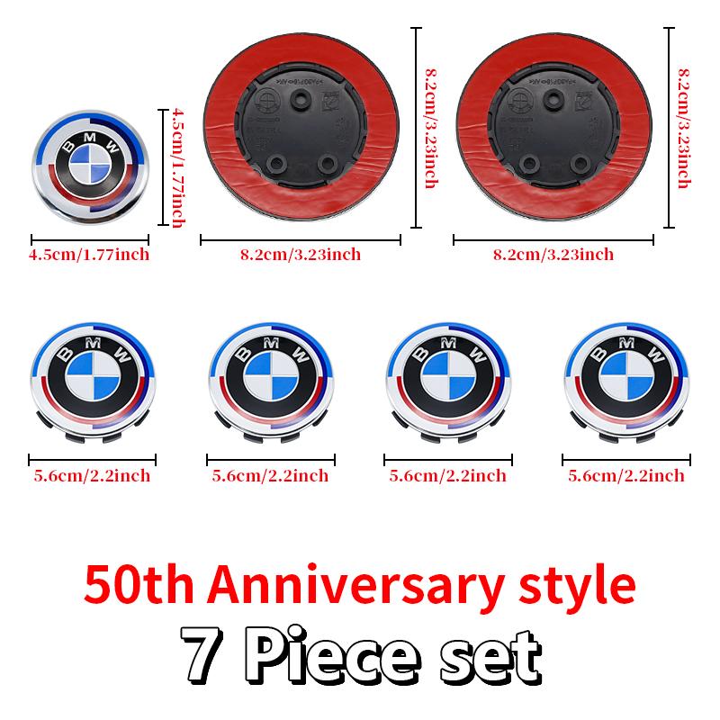 DJSA5 Hood Trunk Wheel Steering Badge 7Pcs Emblem Set For BMW E46 E90 F10 F30 G20 X5 82mm 74mm 68mm 56mm 45mm 50th Anniversary Car