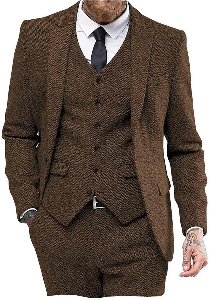 Men's Slim Fit Herringbone Three-Piece Suit for Business, Banquets, and Weddings