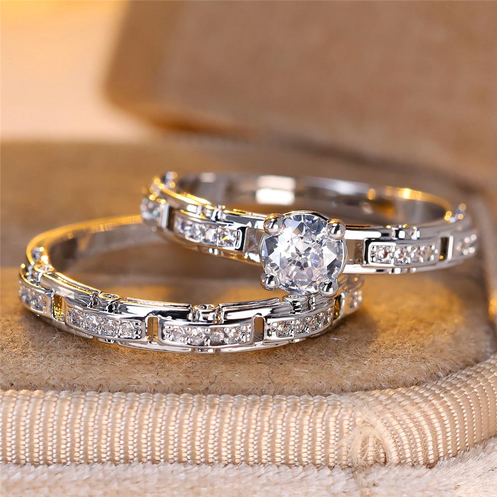 Crystal Female White Zircon Stone Ring Set Fashion Vintage Silver Color Bridal Wedding Engagement  For Women
