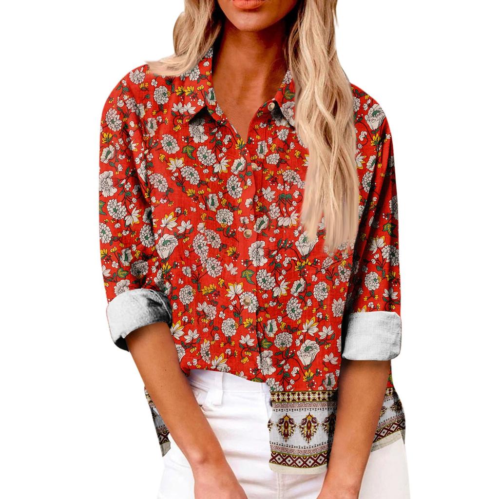 Women's Loose Floral Print Stand Collar Long Sleeve Cotton And Linen Top