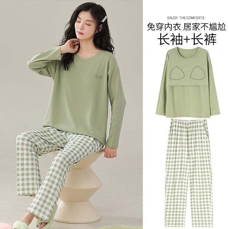 Pajamas With Chest Pads Women'S Pure Cotton Long-Sleeved Round Neck Pullover Loungewear Can Be Worn Outside