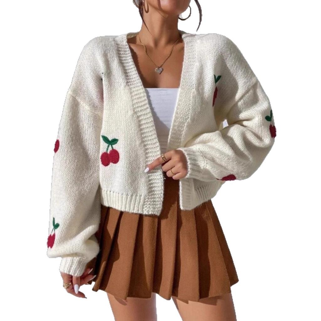 Europe, America, Autumn and Winter New Three-dimensional Cherry Embroidered Sweater Women's Buckle-free Loose Knitted Cardigan
