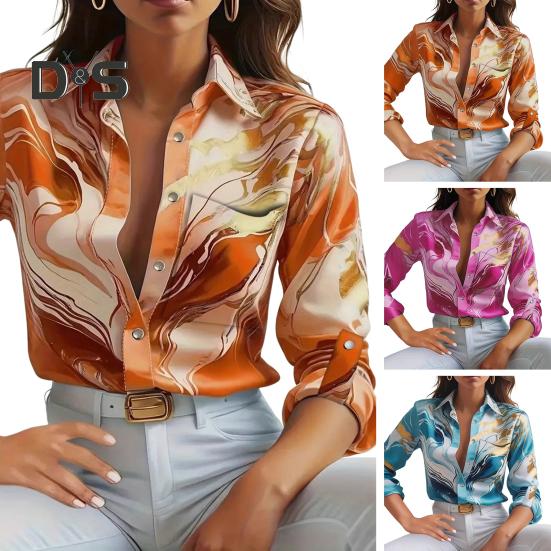 Women Shirt Lapel Long Sleeve Printing Shirt Tops Single Breasted Spring Autumn Commuter Style Blouse