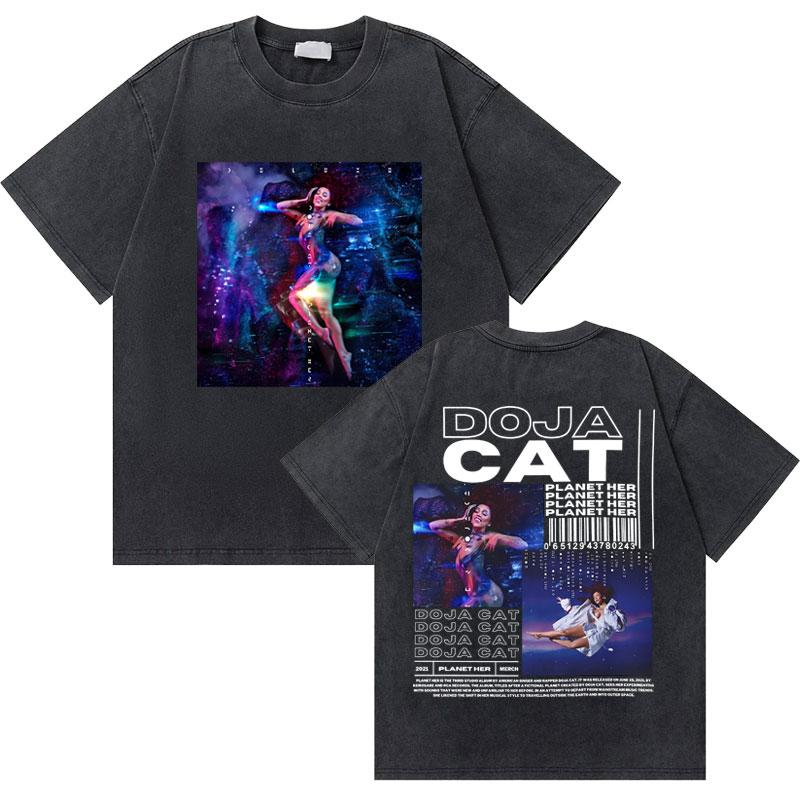 Washed Old Vintage Rapper Doja Cat Planet Her Graphic Tshirt Men Women Hip Hop Oversized Tees Short Sleeve Male Fashion Tshirt