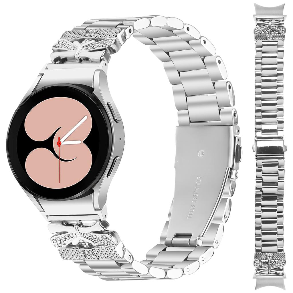 Metalowy pasek ze złączem do Samsung Galaxy Watch 5 Pro 45mm/5/5 Active/4/4 Classic/4 Active Srebrny pasek do zegarka z dekoracją motylków z cyrkoniami