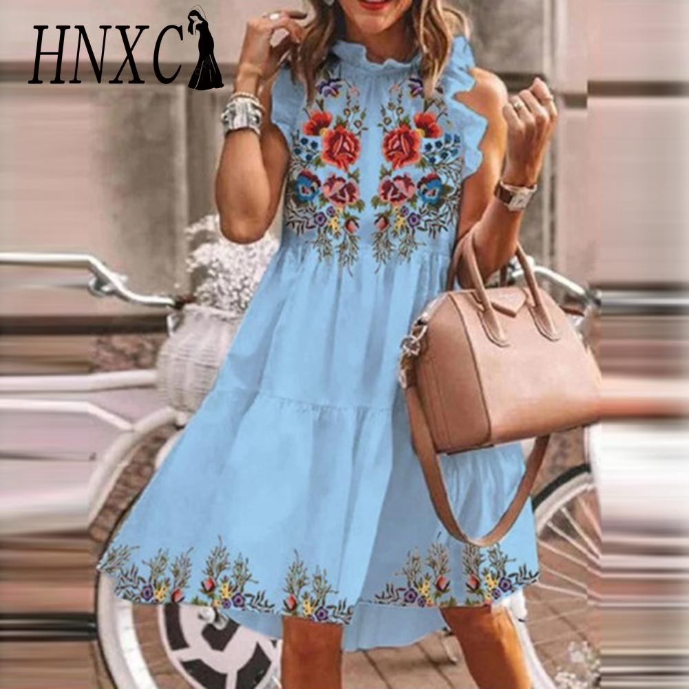 

HNXC Женское платье с цветочным принтом, свободное, уличная одежда, до колена, без рукавов, с оборками, для вечеринки, S-3XL XXXXXL