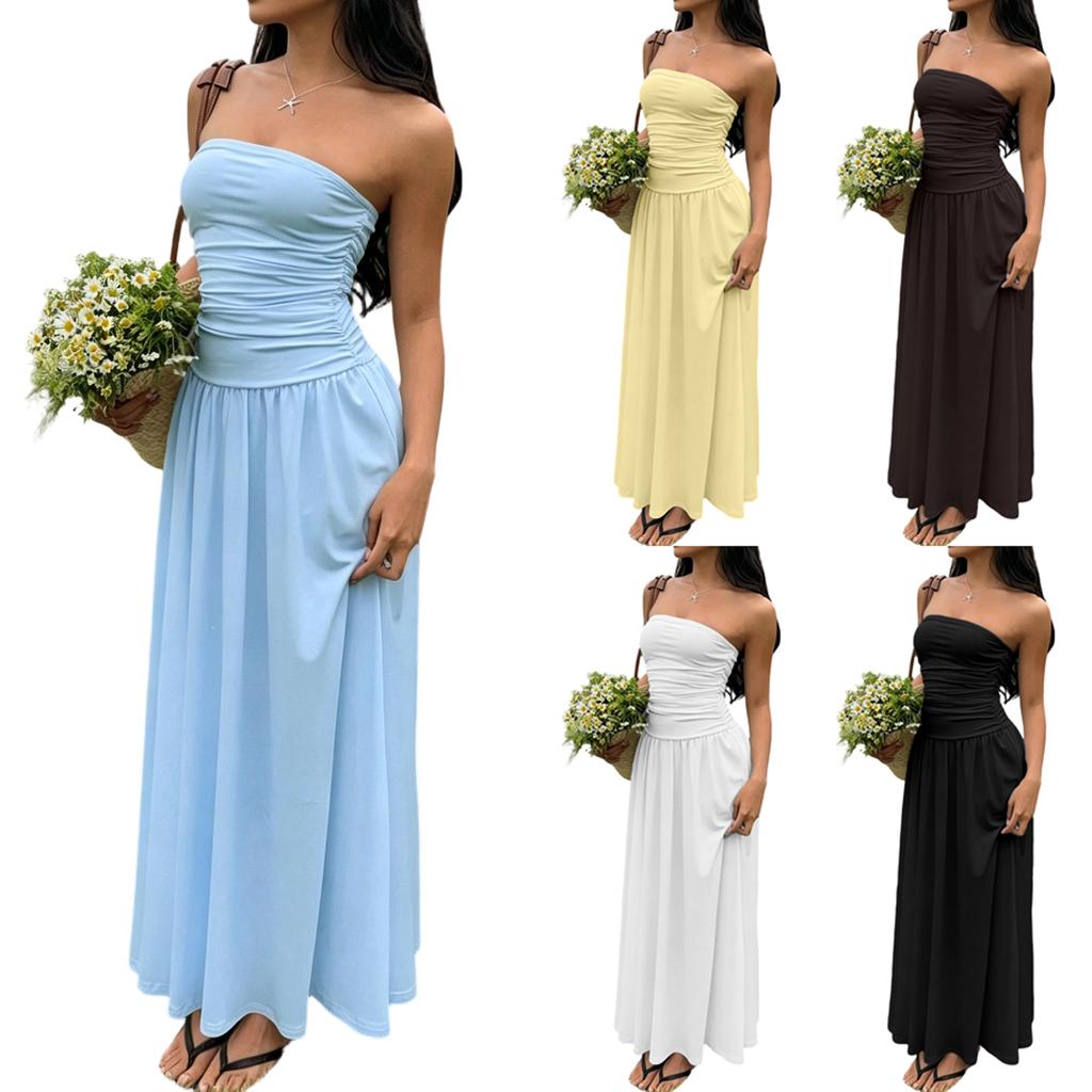 Women Sleeveless Strapless Ruched Bodycon Maxi Dress Casual Long Dress with Elastic Waistband Summer Beach Dress