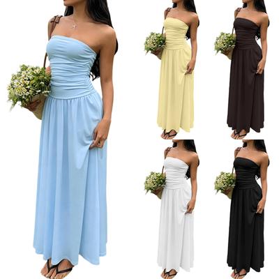 Women Sleeveless Strapless Ruched Bodycon Maxi Dress Casual Long Dress with Elastic Waistband Summer Beach Dress