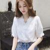 Lace Hollow Out Sweet Loose White Women's V-Neck Blouse Half Sleeves Solid Blouse Shirt