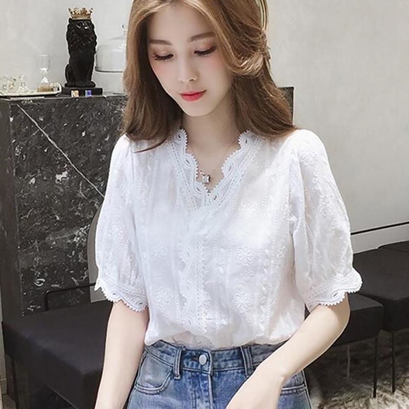 Lace Hollow Out Sweet Loose White Women's V-Neck Blouse Half Sleeves Solid Blouse Shirt