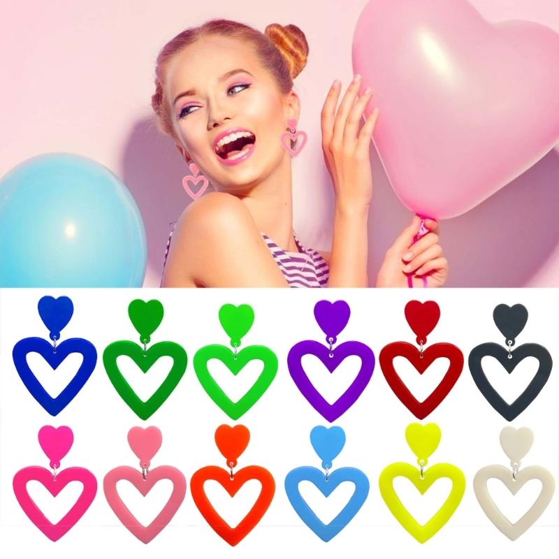 Stylish Heart Acrylic Earrings Pink Ear Drops Lady Party Hollow Heart Statement Earring Valentines Day Gift Lightweight