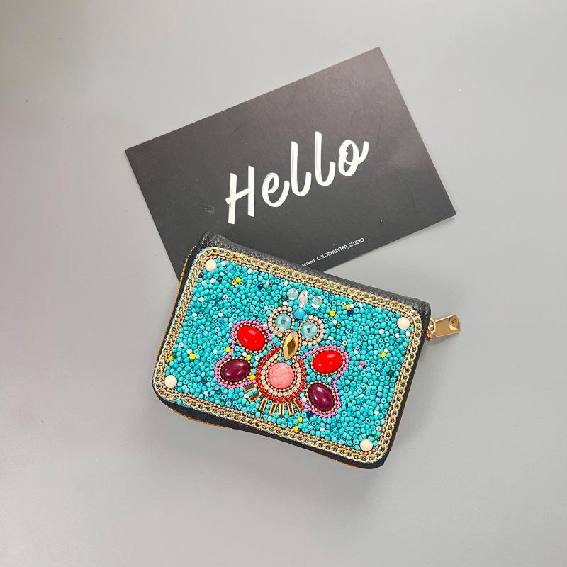 Ethnic Style Card Holder - Multi-layer Premium Hand-feel Vintage Delicate Beaded Zipper Pocket