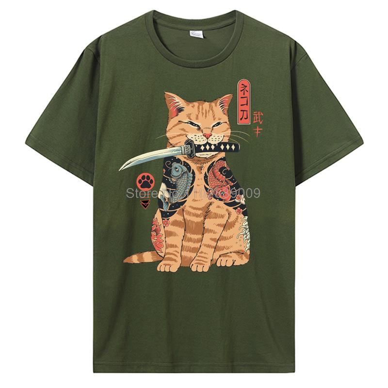 Summer New Men Japanese Samurai Cat Graphic T Shirt Fashion Casual Personality Cool T-shirt Print Cotton Tees Tops