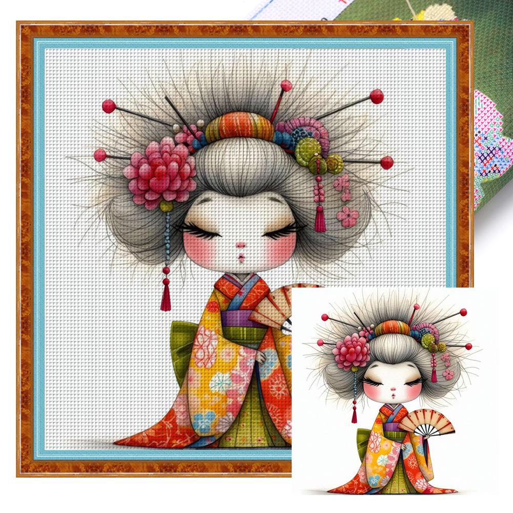 Kit de point de croix Art Broderie complète Fil de coton écologique 11CT Imprimé Geisha