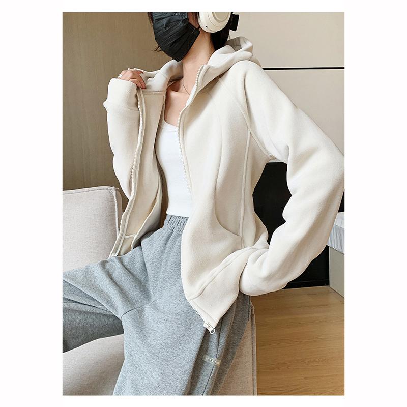 Dámská sportovní bunda na zip s kapucí Podzim Zima Fleecová podšívka Zesílené Mikiny Dámská Jednobarevná Ležérní Volná Mikina Kardigan