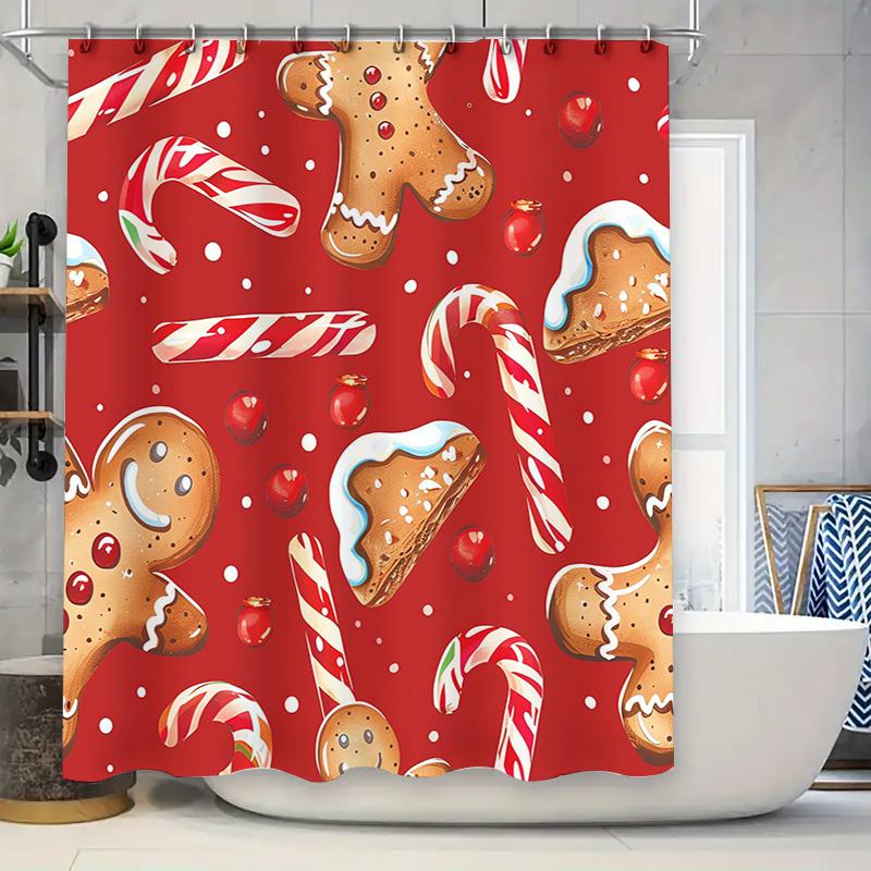 

Праздничная шторка для душа «Леденец и пряничный человечек», декоративный красный коврик для ванной с рисунком рождественского печенья для аксессуаров для ванной комнаты 90x180cm
