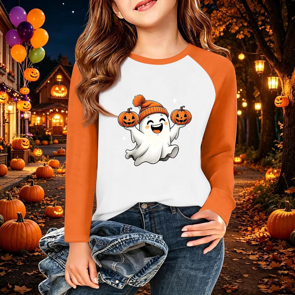 Camiseta Infantil com Estampa de Halloween Manga Longa Casual Gola Redonda para Festa e Uso Diário