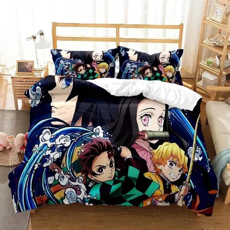 3D Anime Demon Slayer Bedding Set Nezuko Tanjirou Printed Bed Set Duvet Cover Pillowcase Linen Sheet Quilt Cover Queen King Size