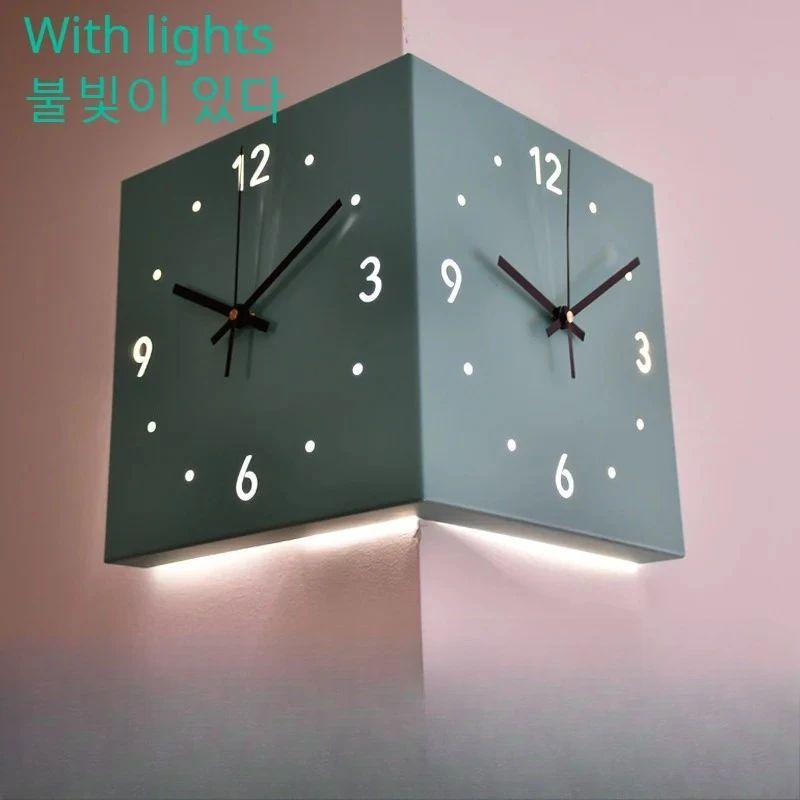 

Double Sided Corner Wall Clock, Modern Decorative Art Sensor Luminous for Living Room Decor, Silent Square Digital серый