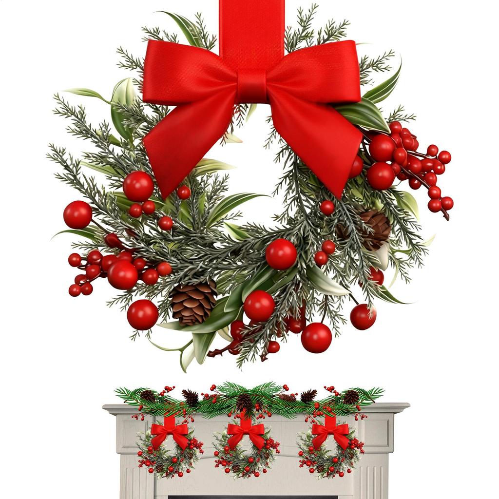Mini Cabinet Christmas Wreath Red Bow Ribbon Tie Berry Wreath Christmas Garland Decor For Wall Mantle Kitchen Home Outdoor