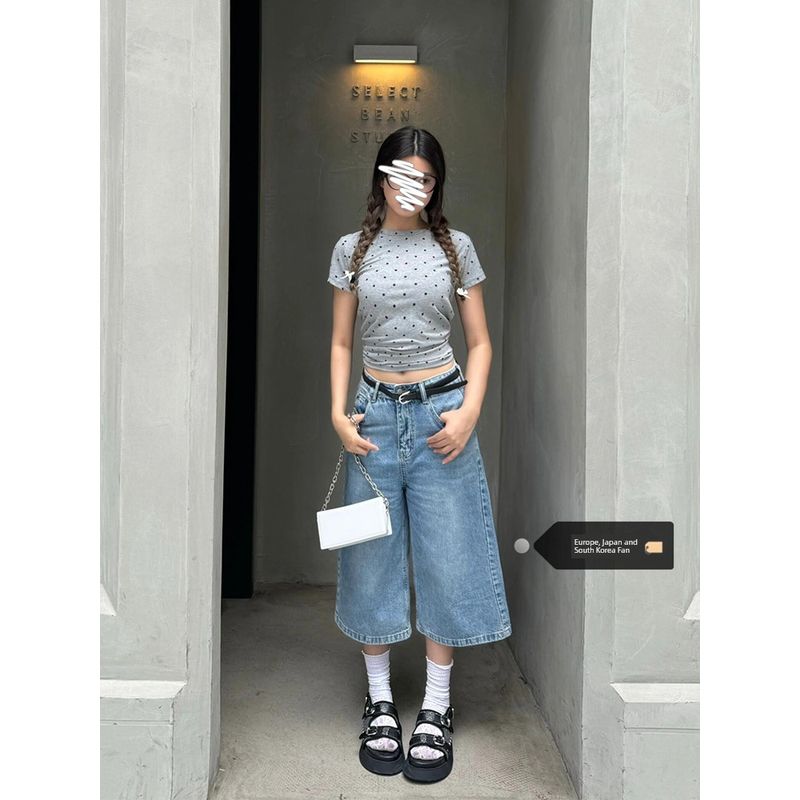 

Plus Size American High Street Light Color Loose Straight-leg Denim Female Summer New Arrival High Waist Slimming and Wide Leg Capri Pants Light blue Quality Edition] 3XL