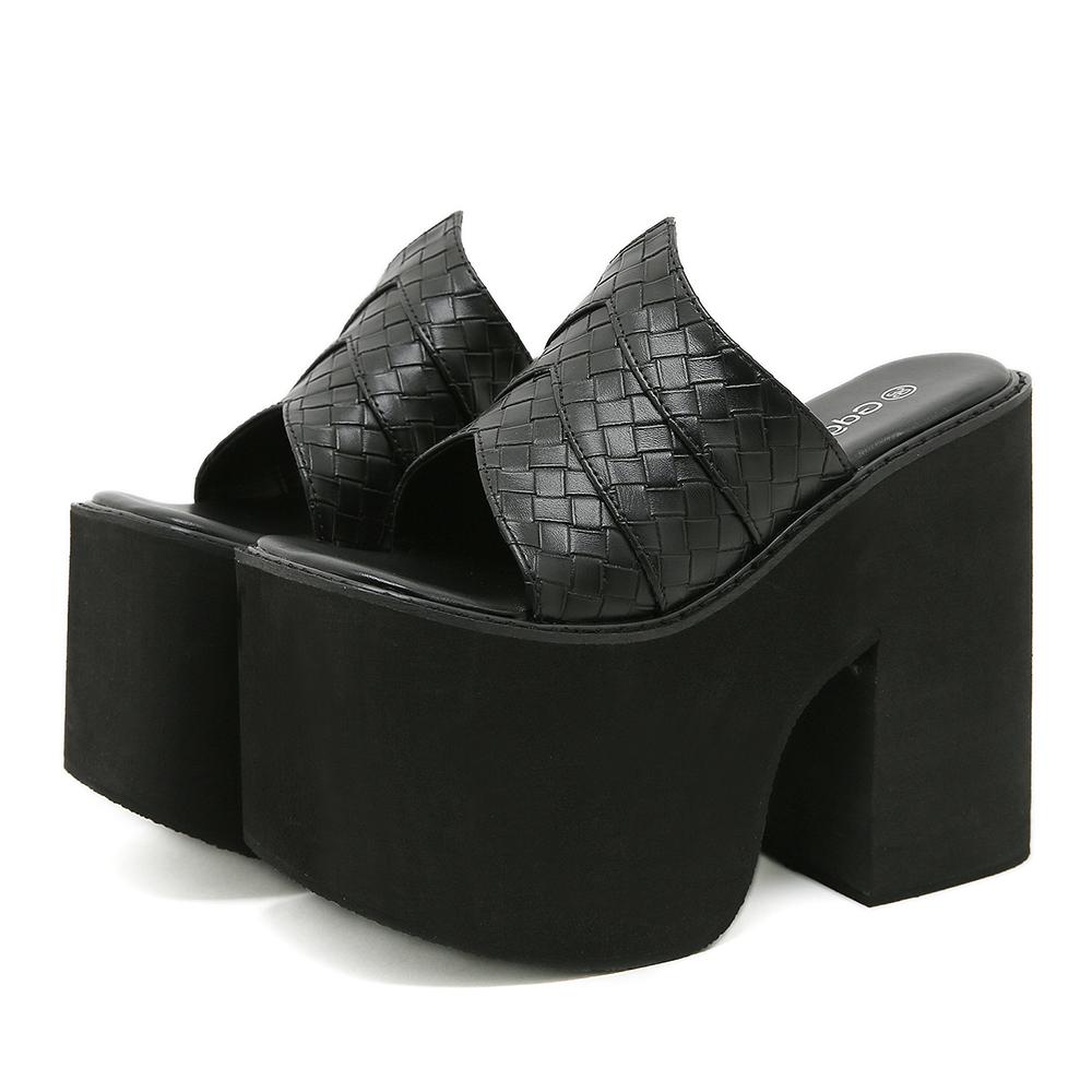 Gdgydh Black Platform Sandals for Women Wedge Heels Fashionable Strappy Back Open Toe Summer High Heel Sandals Slip-On Outdoor