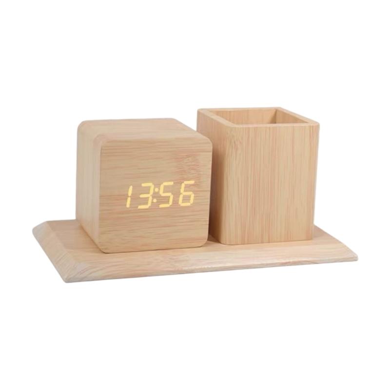 Creative Wooden Desk Item Combines Digital Alarm Clock With Pen Storage Section faint Setting And Three Alarm picks