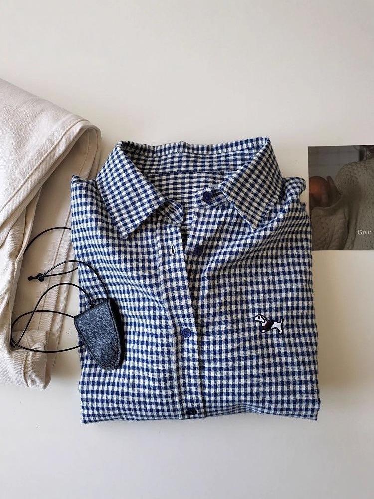 Damen Langarmshirt mit Karomuster-Stickerei, kleiner Hund, Slim Fit - Frühling/Herbst, Koreanischer Stil, Sonnenschutz