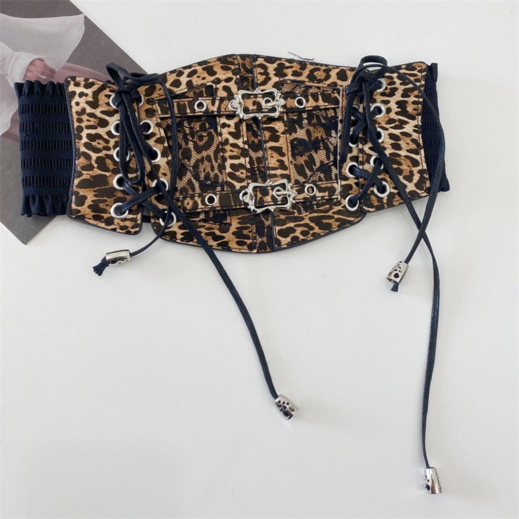 Lace Leopard Pattern Corset Women Waspie Laceup Tied Waistband Retro Cincher for Formal Event Party Elastic Waistbelt