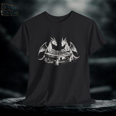 Two Dragons Playing Chess T-Shirt | Fantasy Dragon Illustration, Board Game Tee