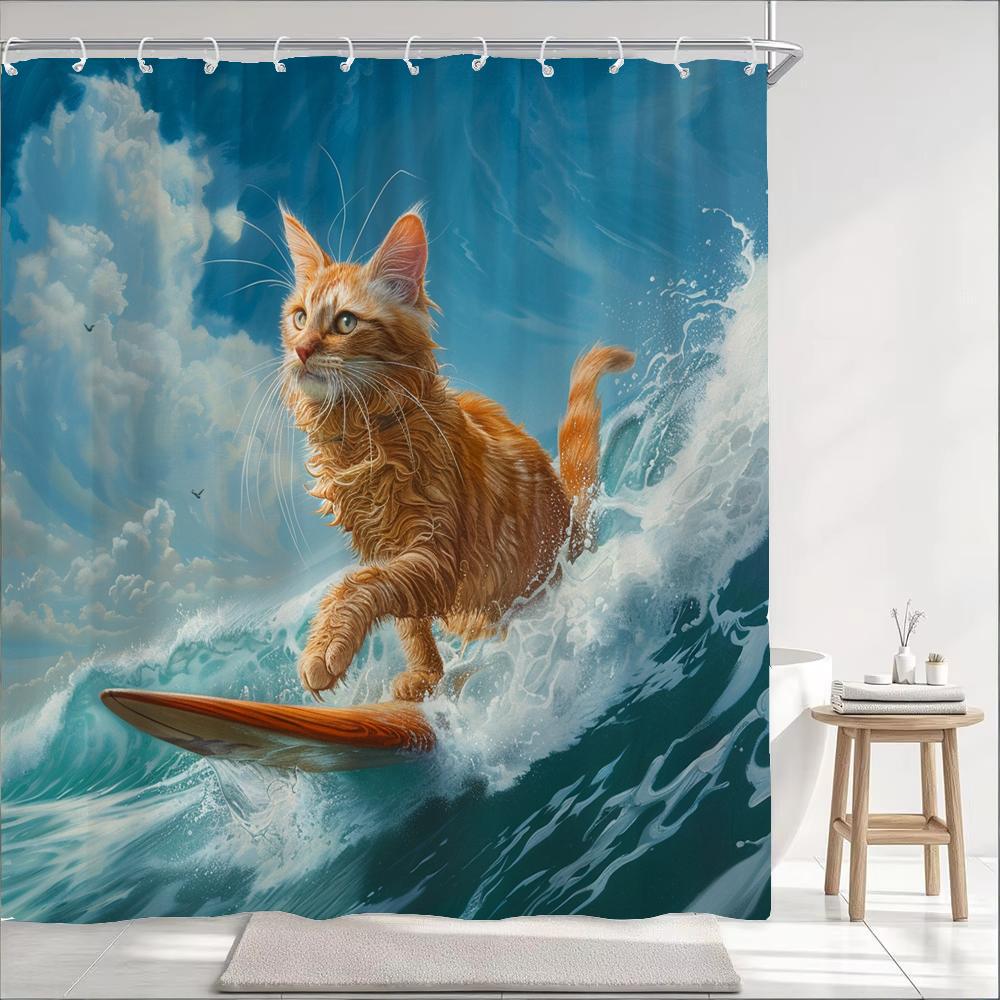 Funny And Creative Surfing Cat Shower Curtain, Bathroom Decorative Curtain, Printed Polyester Fabric Home Curtain With Hooks