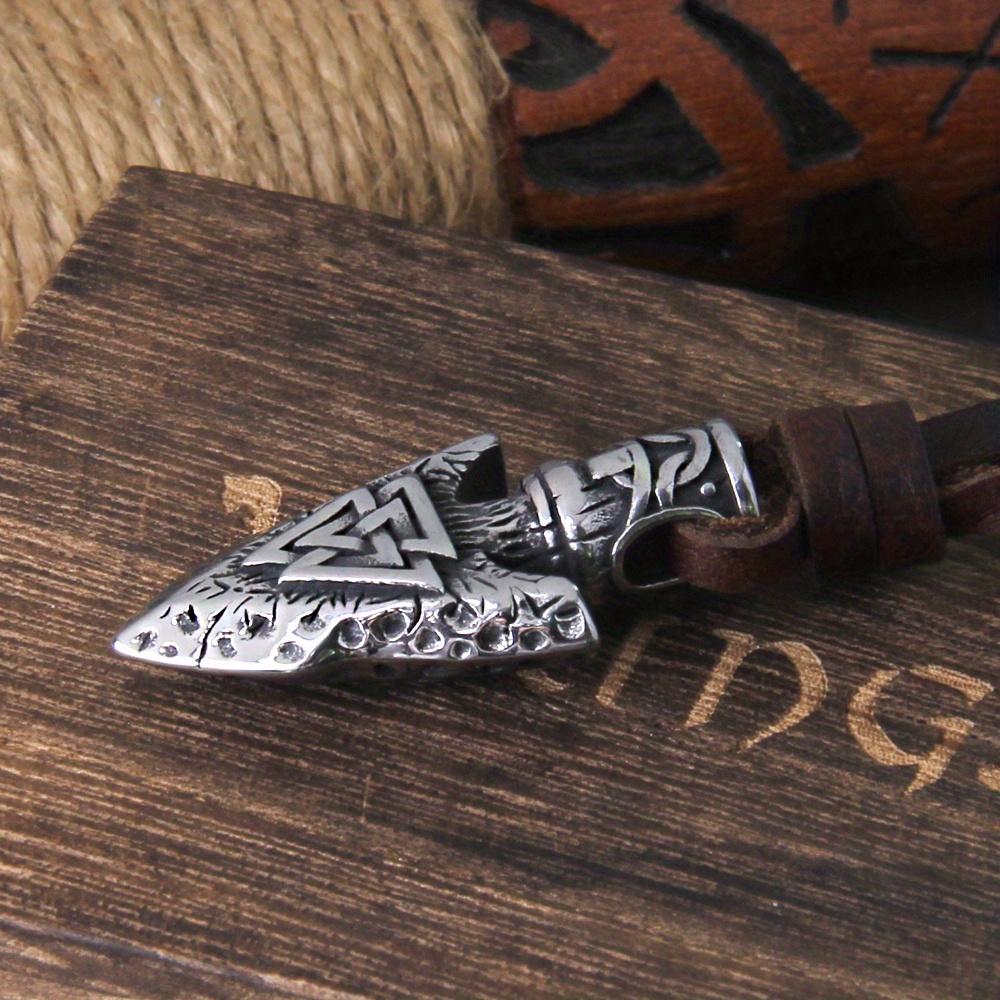 Fashion Valkenut Viking Spear Pendant Necklace with Genuine Leather Chain, Men s Gift серебряный