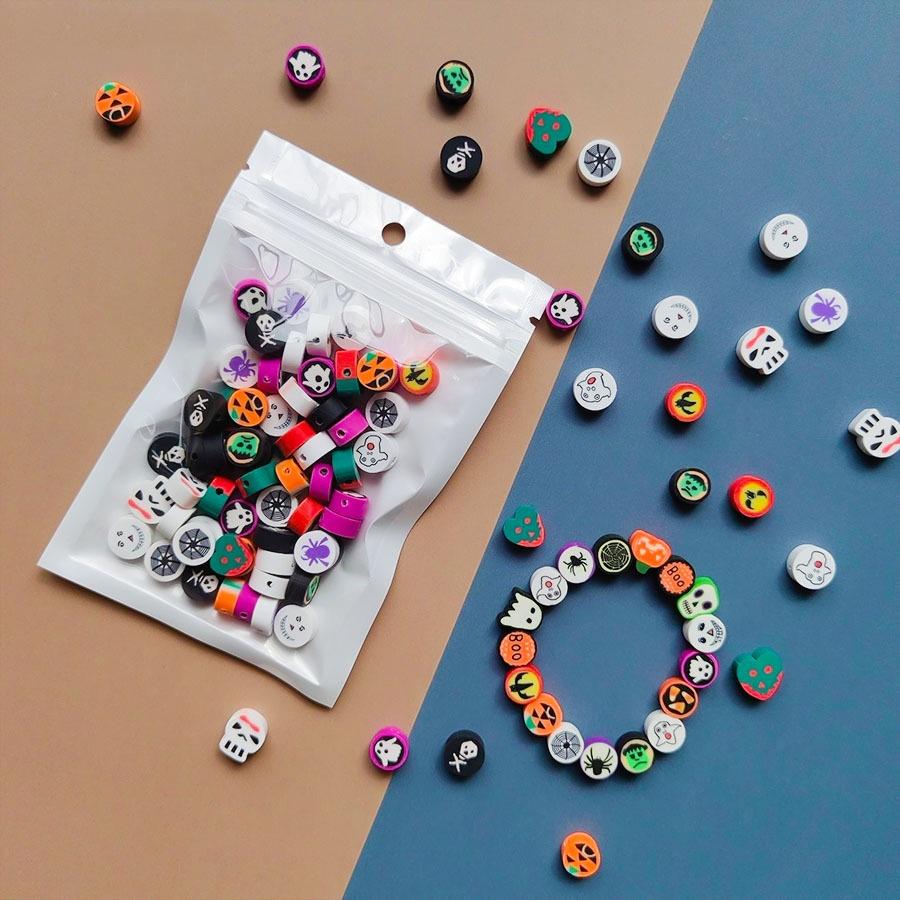 Halloween Soft Clay Skull Handmade Beaded Bracelet,DIY Bracelet for Women & Kids Handmade Beaded Bracelet Set