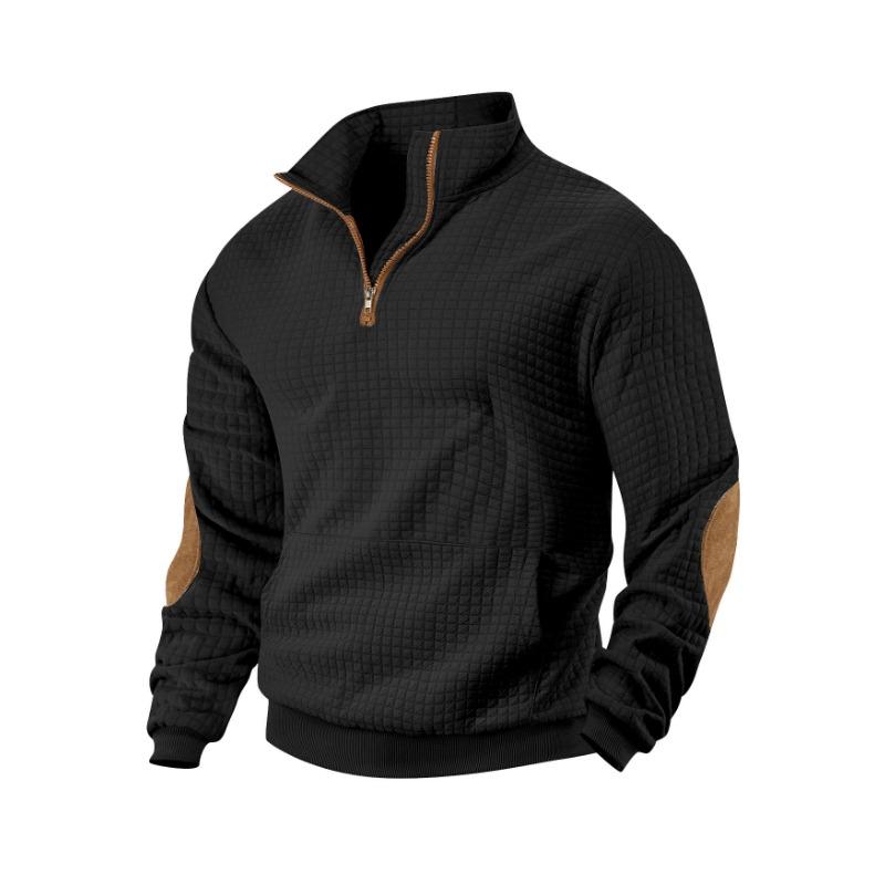 Men's Casual Sports Sweatshirt Jacquard Small Checkered Stand Collar Half Zipper Solid Color Loose Top