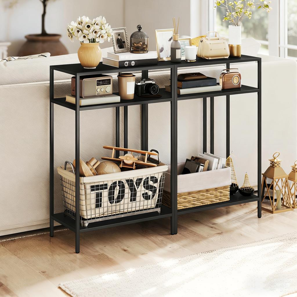Console Table 3-Tier Shelves Narrow Entryway Table Steel Frame for Living Room Hallway 55 Cm Black