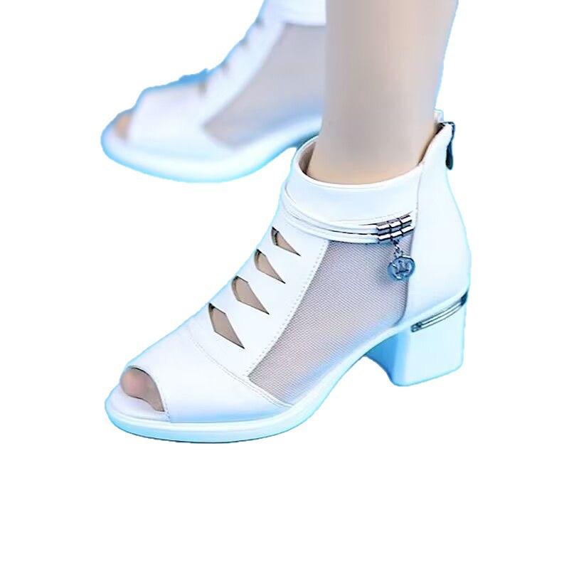 Sandalen 2025 Neue Mesh-Sandalen mit mittlerem Absatz Damen High Heels Damen Grobe Absätze Damenschuhe Coole Stiefel Schuhe Mutterschuhe