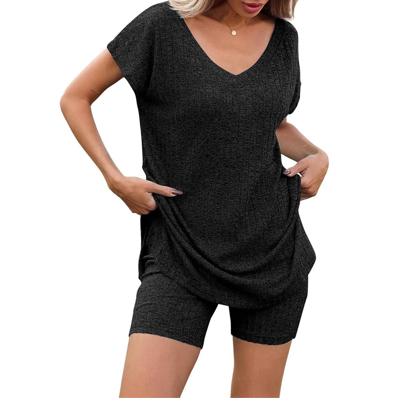 

Женский летний комплект из двух частей с шортами, трикотажный домашний спортивный костюм с V-образным вырезом XXL чёрный