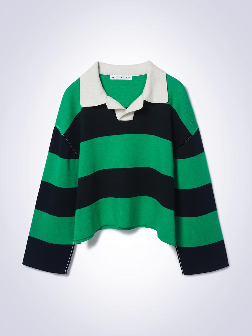 House 072C Striped Crop Sweater Green F