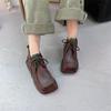 Johnature Square Toe Short Boots Genuine Leather Lace-up Retro Versatile Women Soft Sole Flat Shoes
