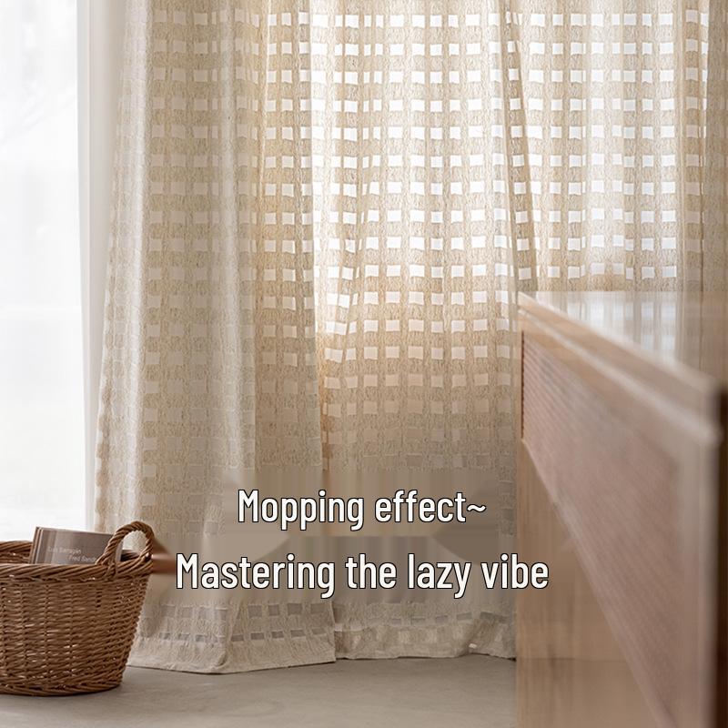 Vintage Plaid Sheer Linen Curtains for Living Room & Bedroom - Light-Permeable, High-End Feel, New Style for Balcony Windows
