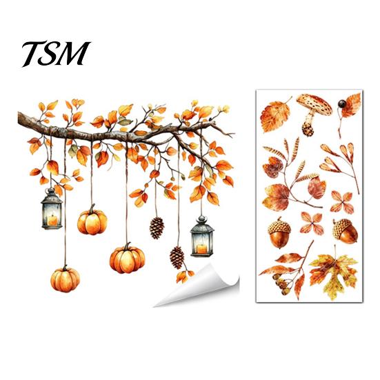 Autumn Pastoral Theme Window Art Static Sticker with Cute Animals & Maple Leaves, Removable Harvest Decals of Forest Festival Clings, Waterproof