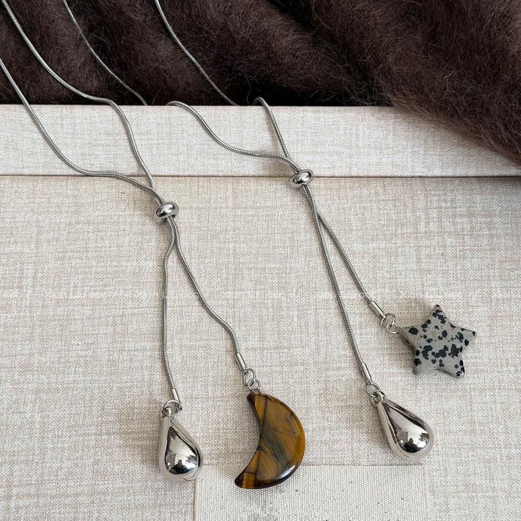 2026 Vintage Natural Spotted Tiger Eye Stone Star Moon Water Drop Pendant Adjustable Long Chain Necklace For Women Accessories