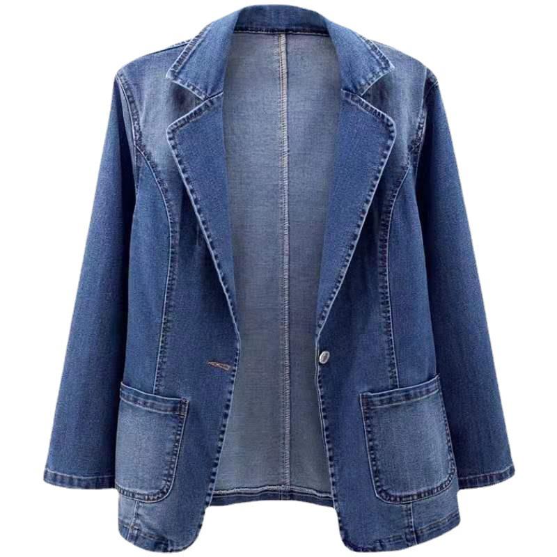 Dameslimfit denimjakke, dresskrage, ensfarget, cardigan med én knapp - trendy vår og høst