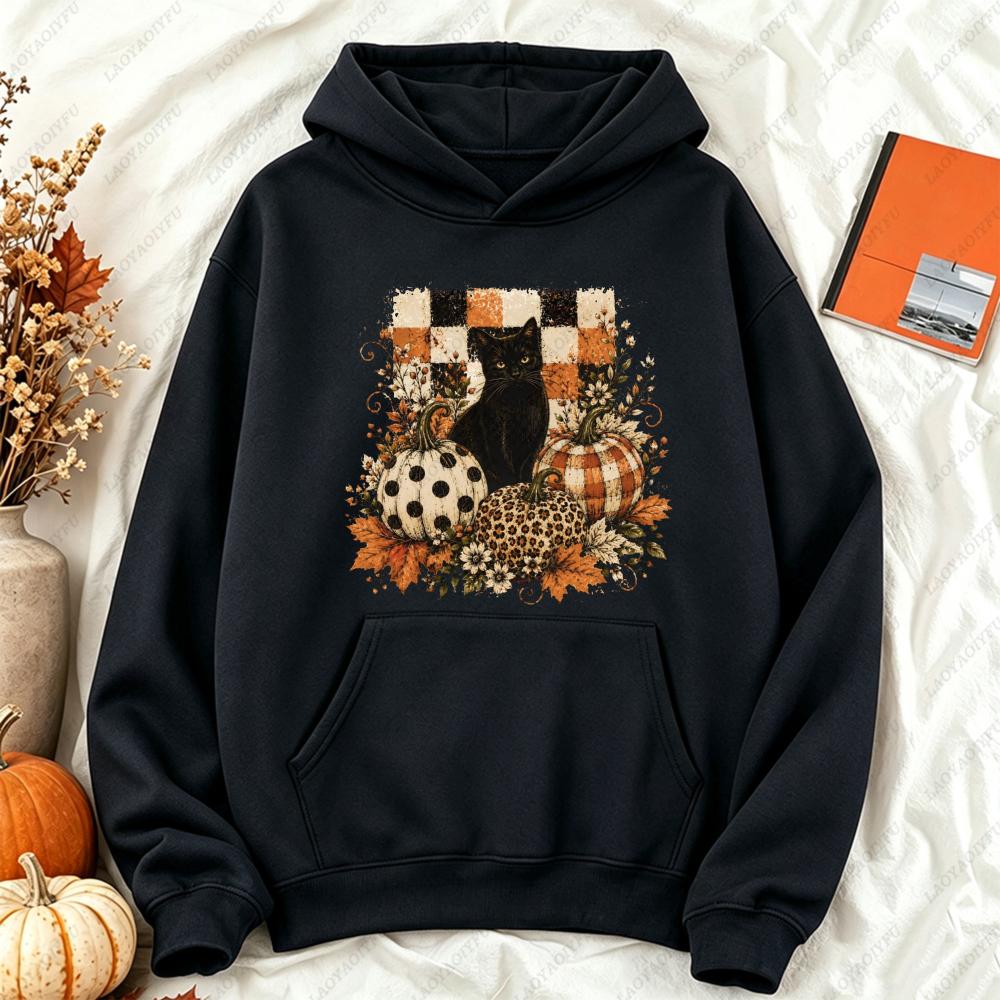 Black Cat Pumpkin Fall Checkered Graphic Hoodie Women Casual Long Sleeve Pullover Vintage Halloween Autumn Holiday Gift Top
