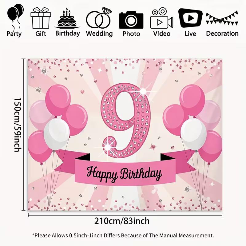 

2D Happy 9th Birthday Background Cloth, Pink Diamond Number 9 Birthday Party Backdrop Decoration 47.2x31.5inch/120*80cm