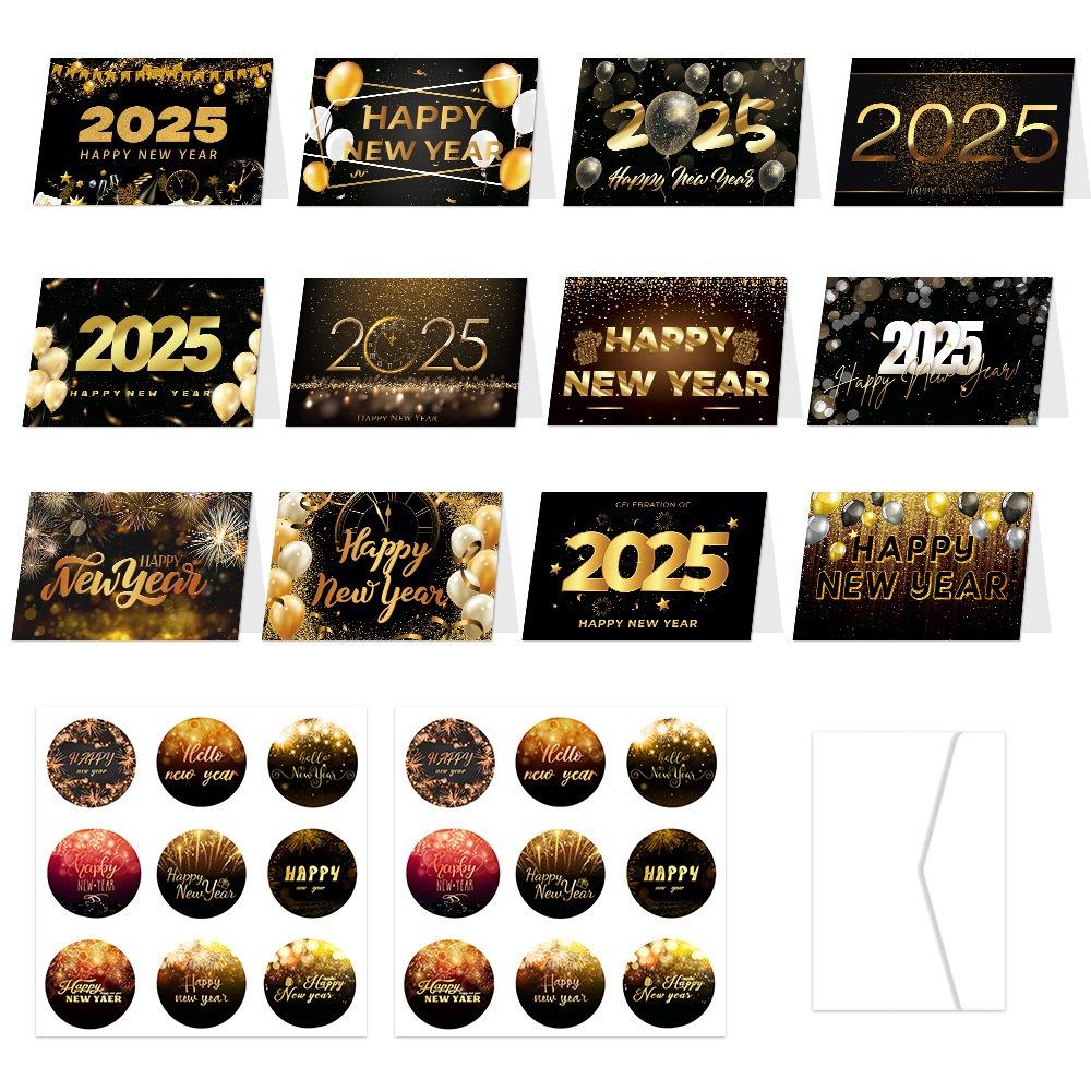 12pcs Foldable 2025 New Year Greeting Card Paper Invitations Cards  Party Favors
