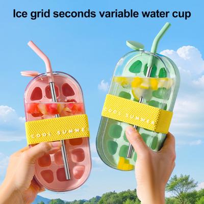 Water Bottle Ice Tray with Straw One-Click Release 2-in-1 Ice Cube Mold & Kettle Portable Water Bottle Vertical Ice Cube Tray for Freezer